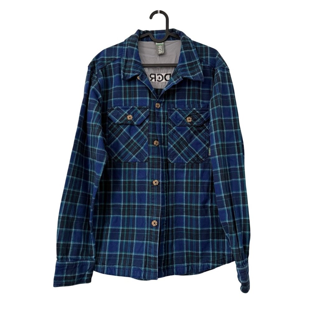 STIO Blue Green Plaid Hutkeeper Heavy Flannel Shirt Jacket Back Logo Mens Medium